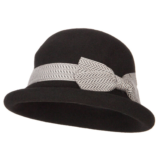 Women's Wool Felt Herringbone Design Ribbon Accented Rolled Up Brim Bucket Hat