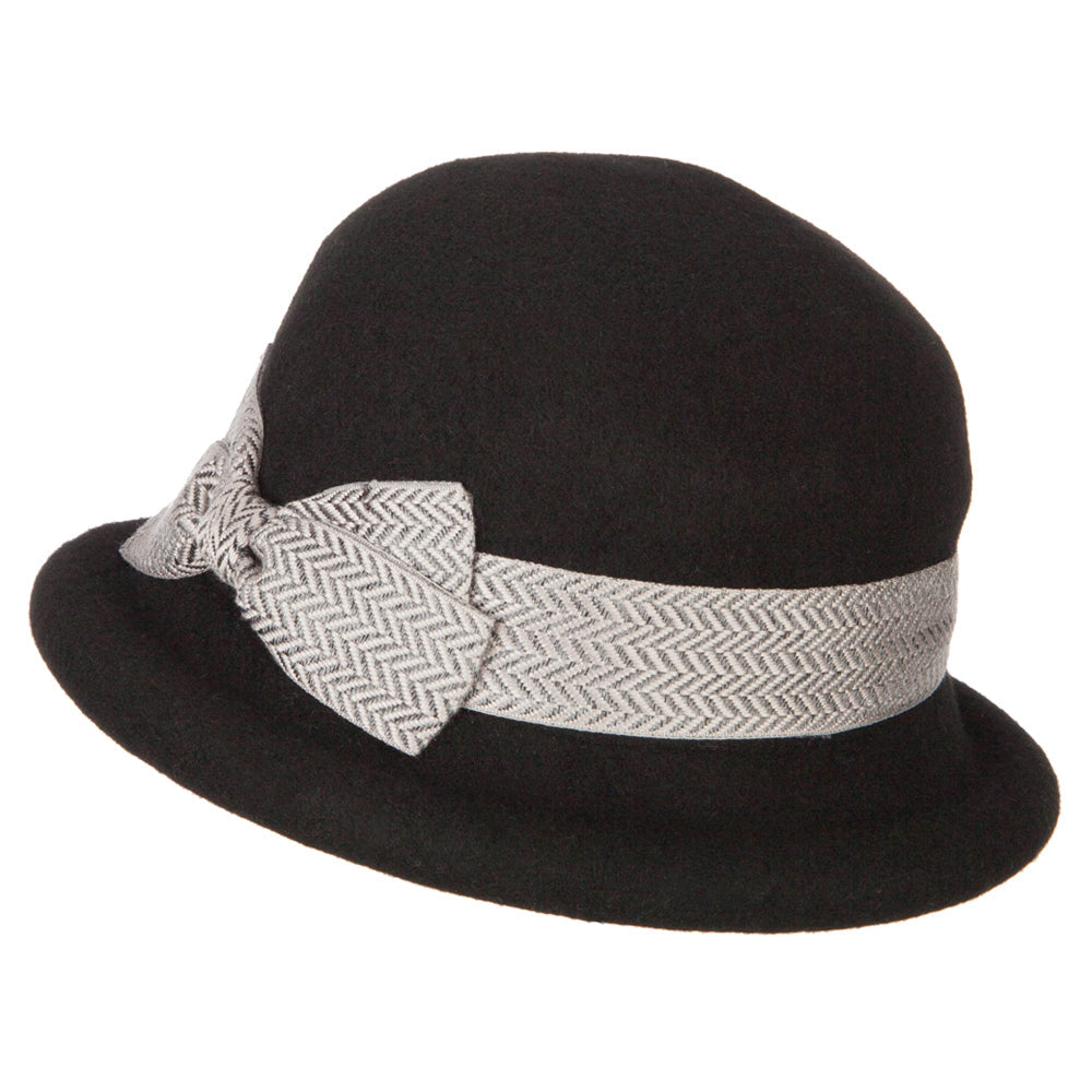Women's Wool Felt Herringbone Design Ribbon Accented Rolled Up Brim Bucket Hat