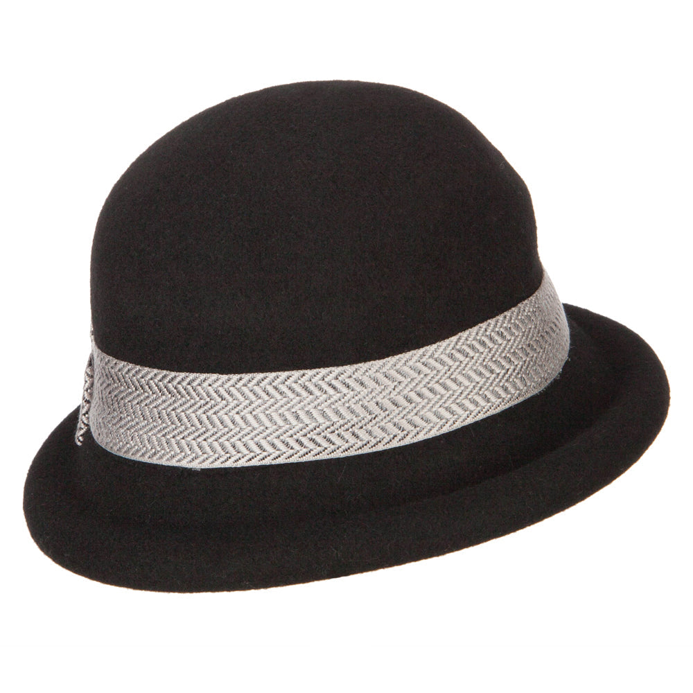 Women's Wool Felt Herringbone Design Ribbon Accented Rolled Up Brim Bucket Hat