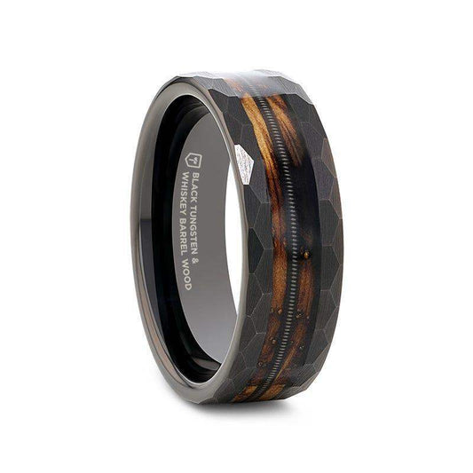 RIFF Black Tungsten Ring with Charred Whiskey Barrel Wood and Guitar String, 8mm