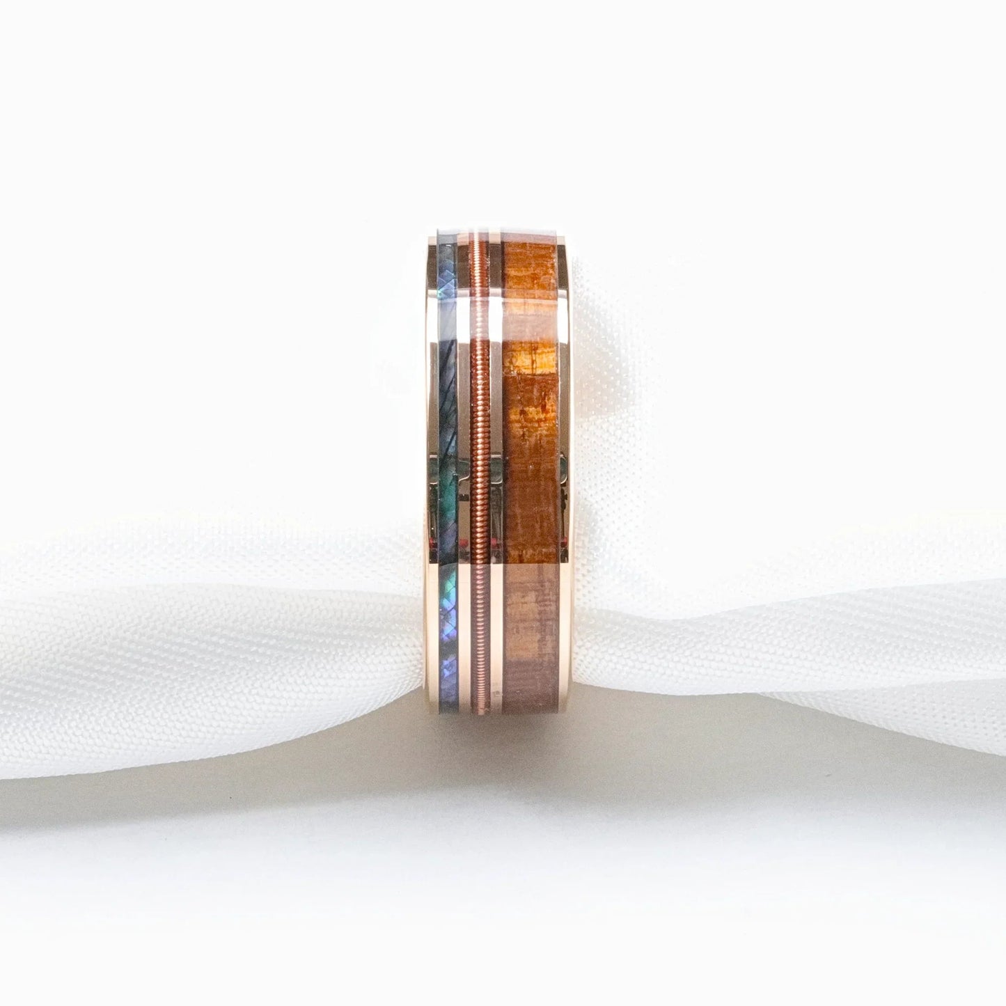 MOANA Smoked Rose Gold Tungsten Ring with Hawaiian Koa Wood, Abalone Shell & Guitar String – 8mm