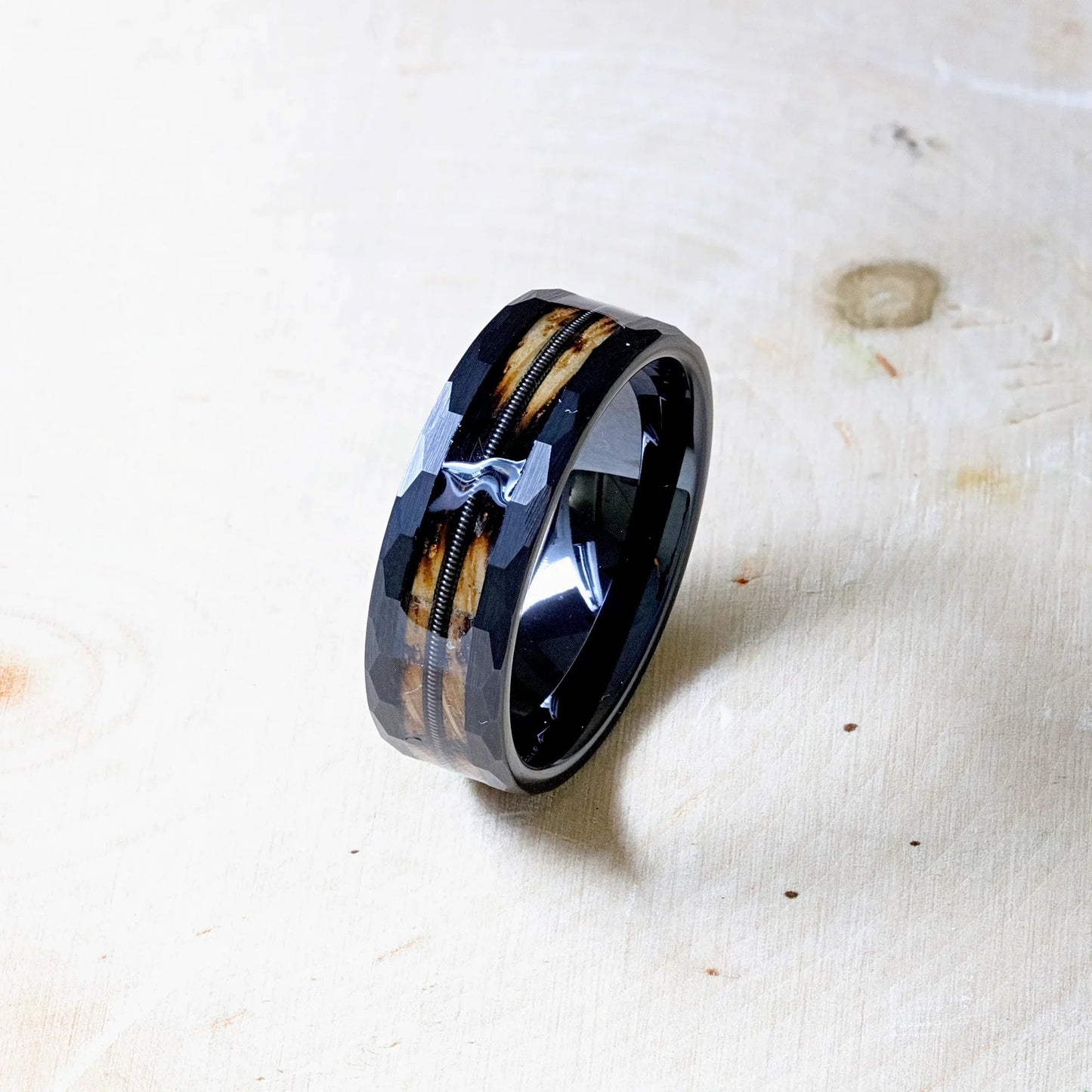 RIFF Black Tungsten Ring with Charred Whiskey Barrel Wood and Guitar String, 8mm