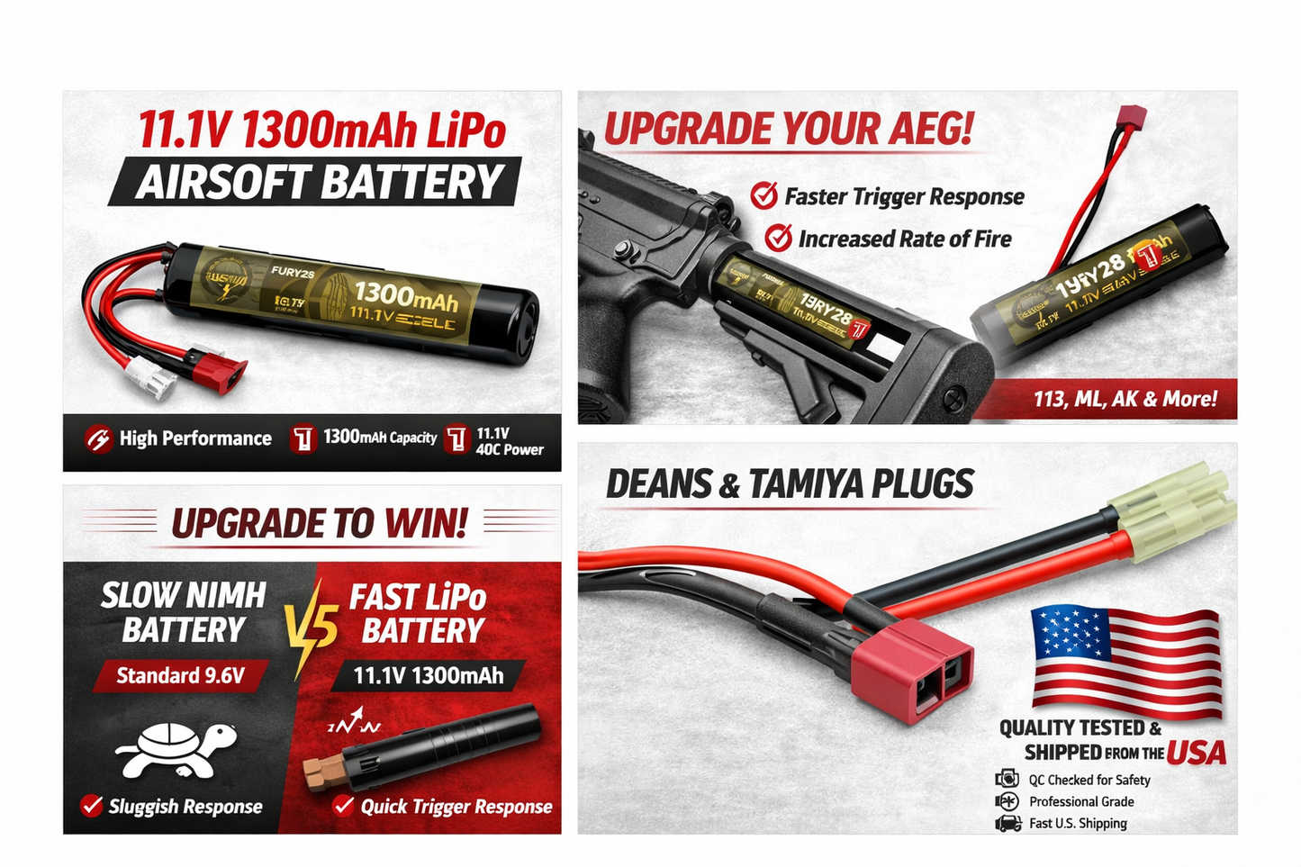 Fury28.com 11.1V 1300mAh  Airsoft LiPo Battery + B3 Charger Combo