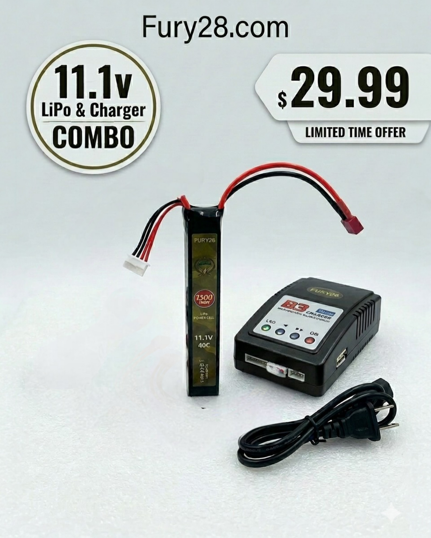 Fury28.com 11.1V 1300mAh  Airsoft LiPo Battery + B3 Charger Combo