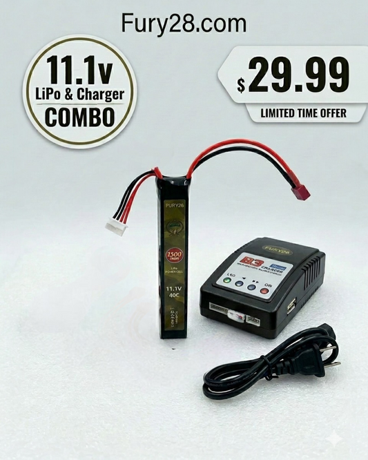 Fury28.com 11.1V 1300mAh  Airsoft LiPo Battery + B3 Charger Combo