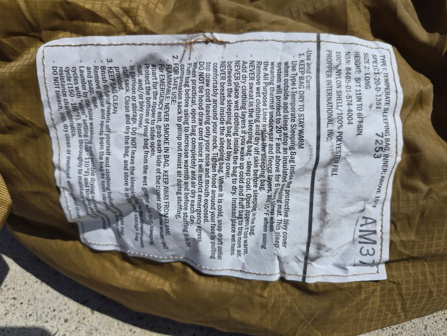 USMC 3 Season Sleeping Bag Coyote Brown issued condition