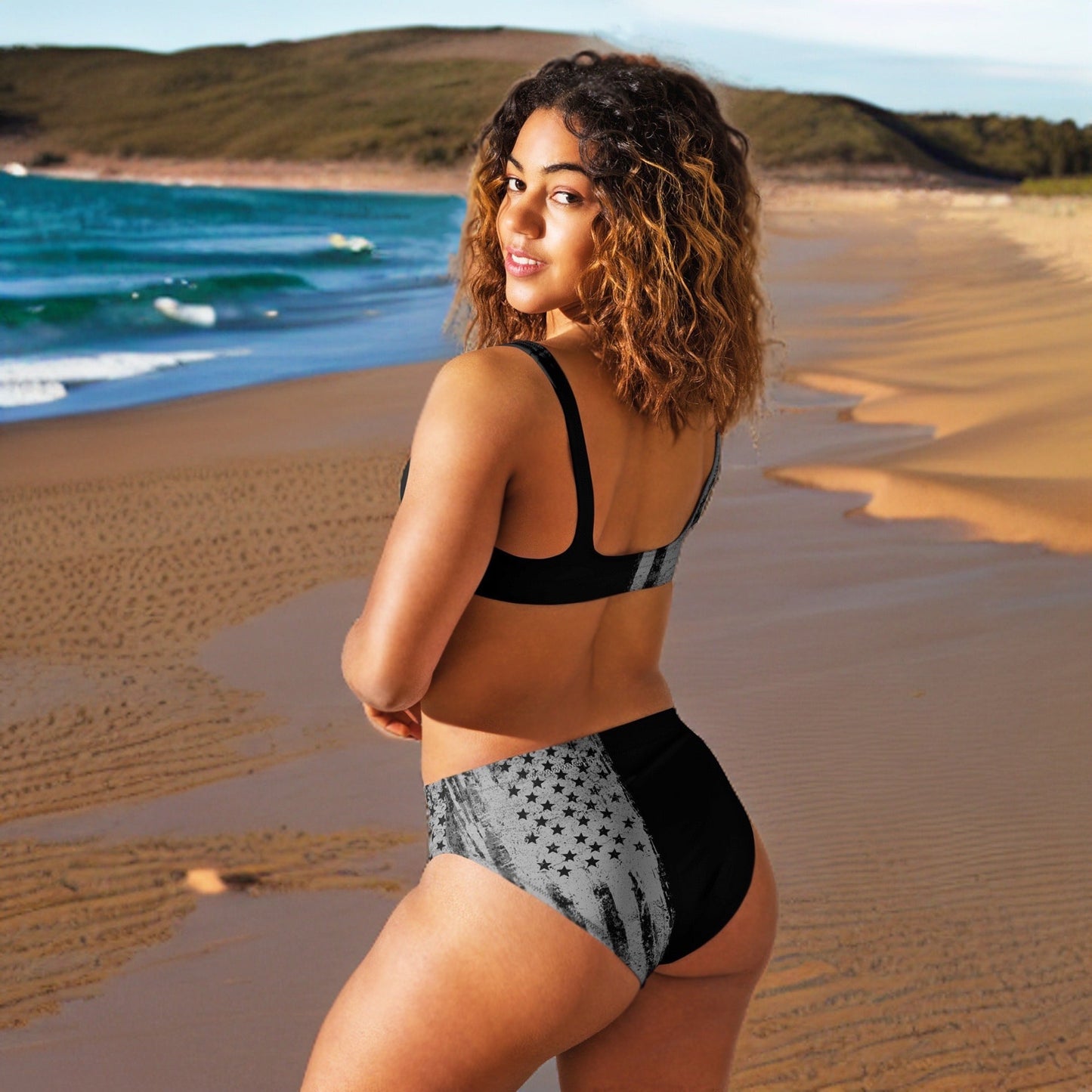 FREE Shipping, High Waist, Grey Flag Patriotic Bikini, Padded