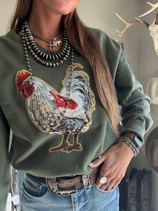 Rooster Sequin V-neck Graphic Sweatshirt