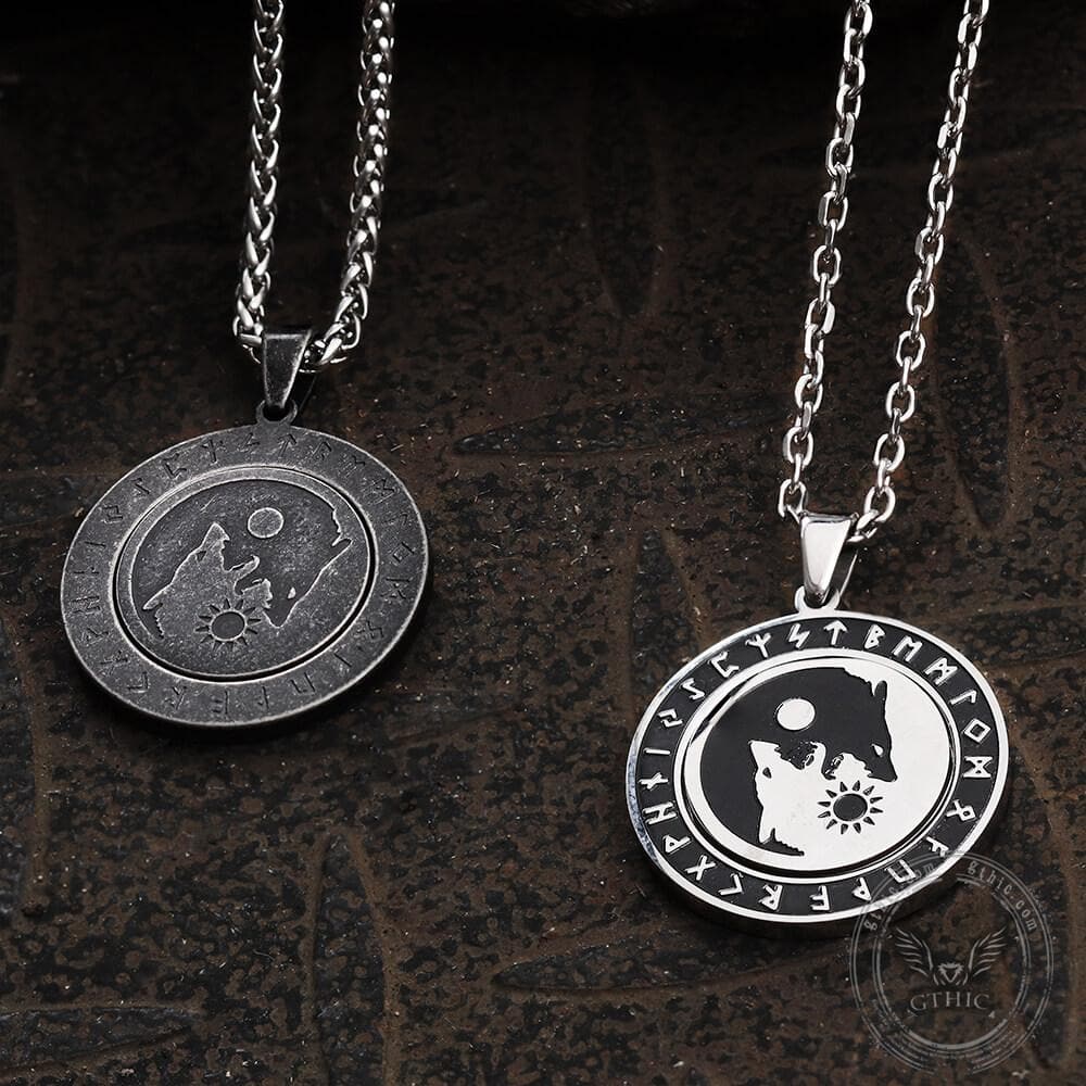 Rotatable Skoll and Hati Wolf Runes Stainless Steel Pendant