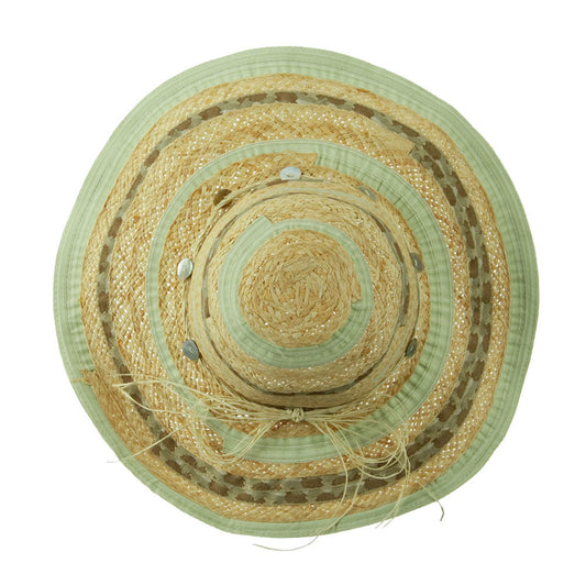 Ribbon And Raffia Shell Button Wide Brim Hat