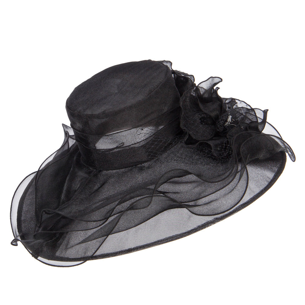 2 Roses Accent Wide Organza Hat