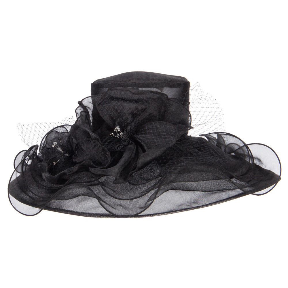 2 Roses Accent Wide Organza Hat