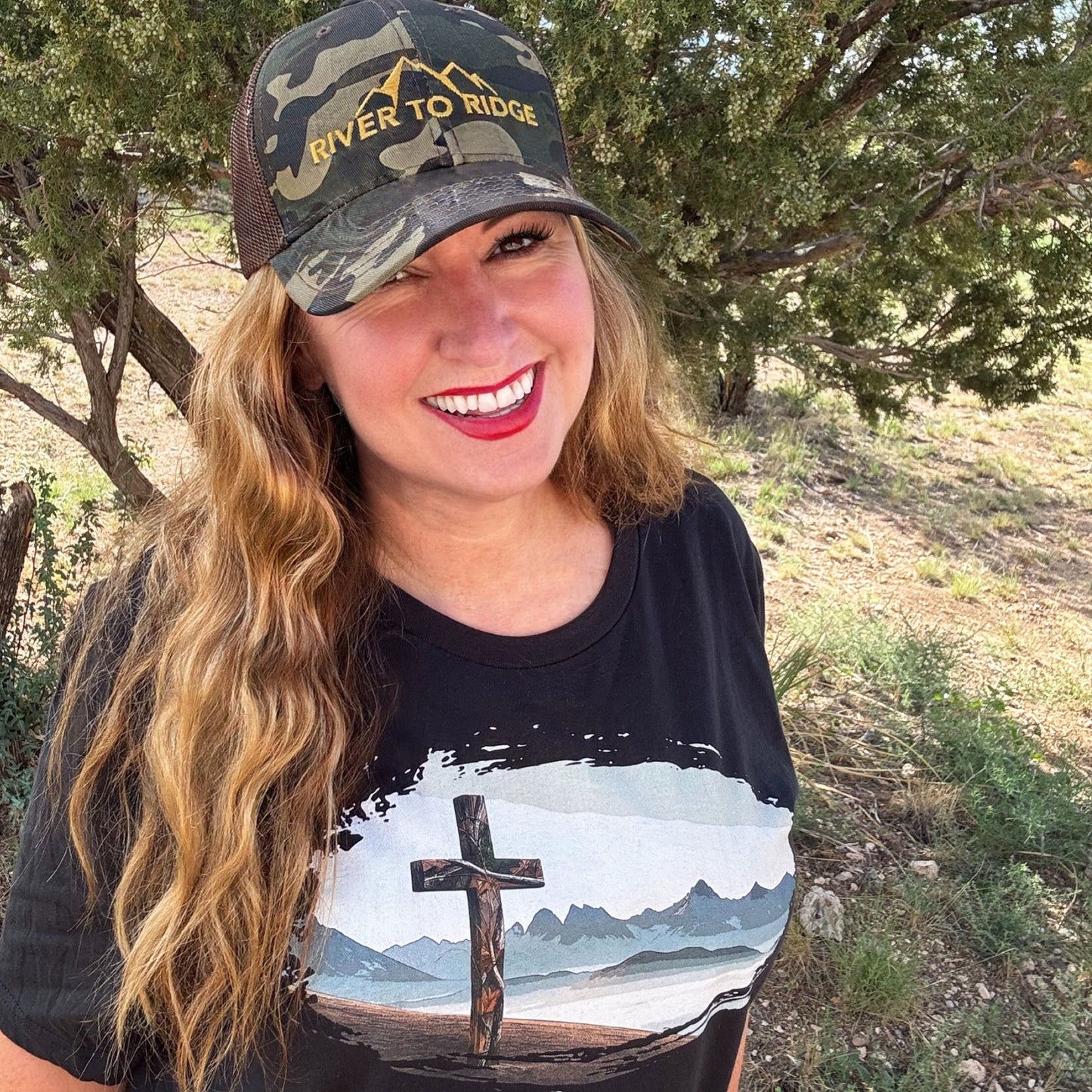 Christian Outdoors Woman Camo Cross T