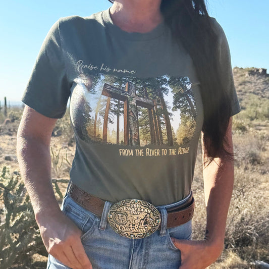 Praise His Name, Women's Christian Camo Cross T-Shirt