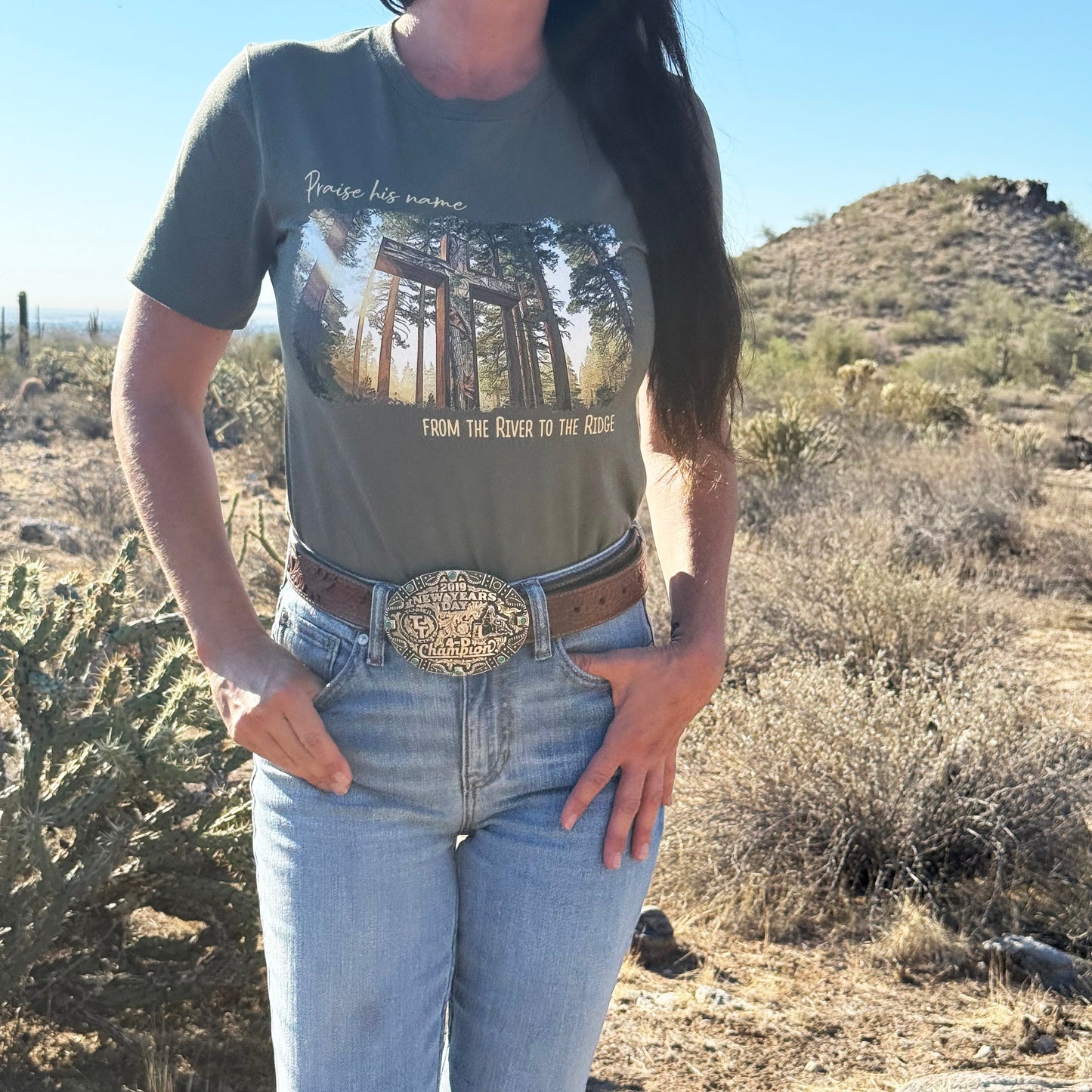 Praise His Name, Women's Christian Camo Cross T-Shirt