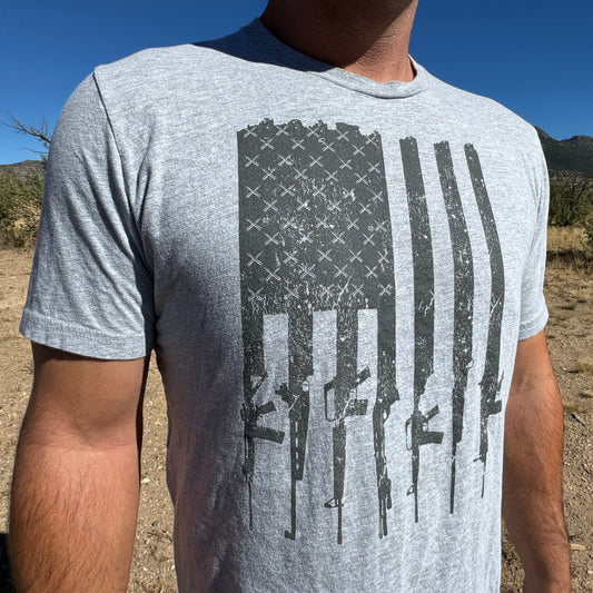 Men's Tactical 2A Gun Flag Patriotic T Shirt, Athletic Grey