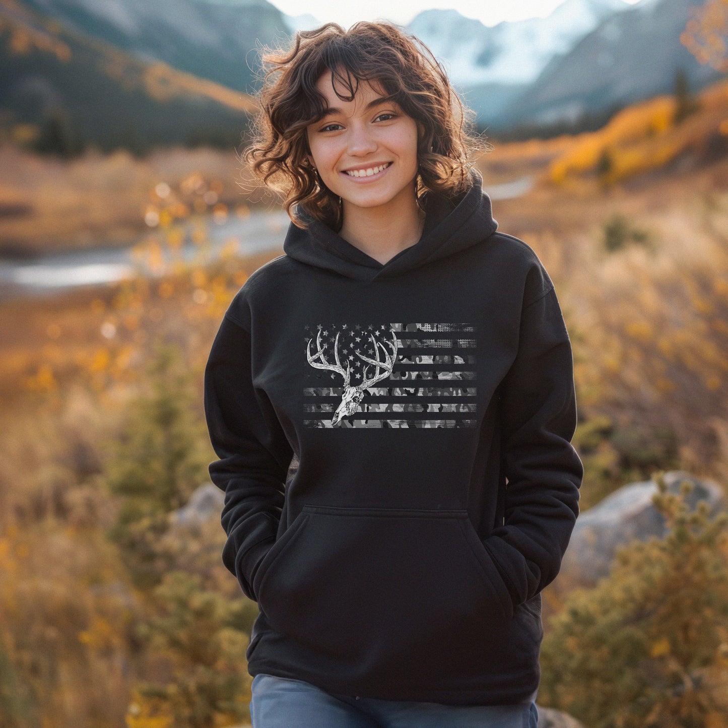 Whitetail Deer Flag Women's Hoodie, Black or Blue