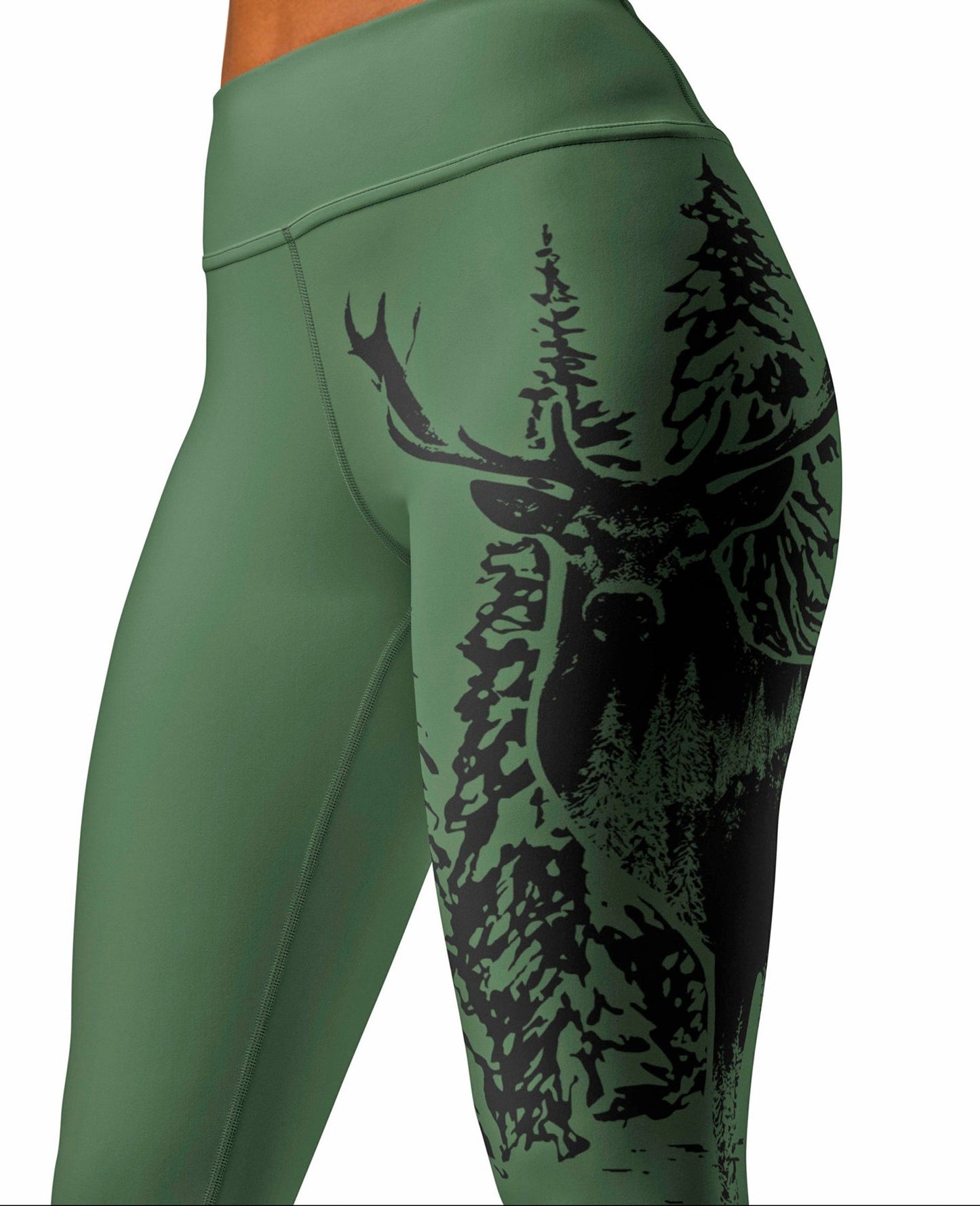 High Waist Non-Toxic Leggings, Woodland Antler Logo, Forest Green