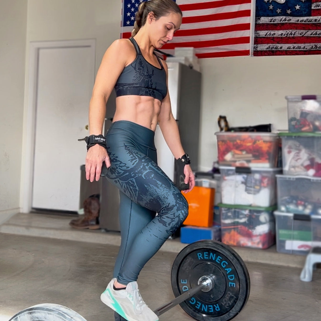 High Waist Non-Toxic Leggings, Woodland Antler Logo, Graphite