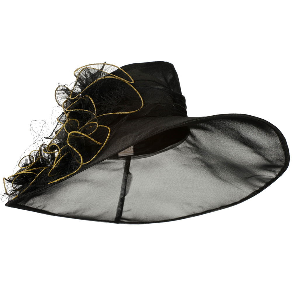 3 Flowers Organza Hat with Ruffles Trimming