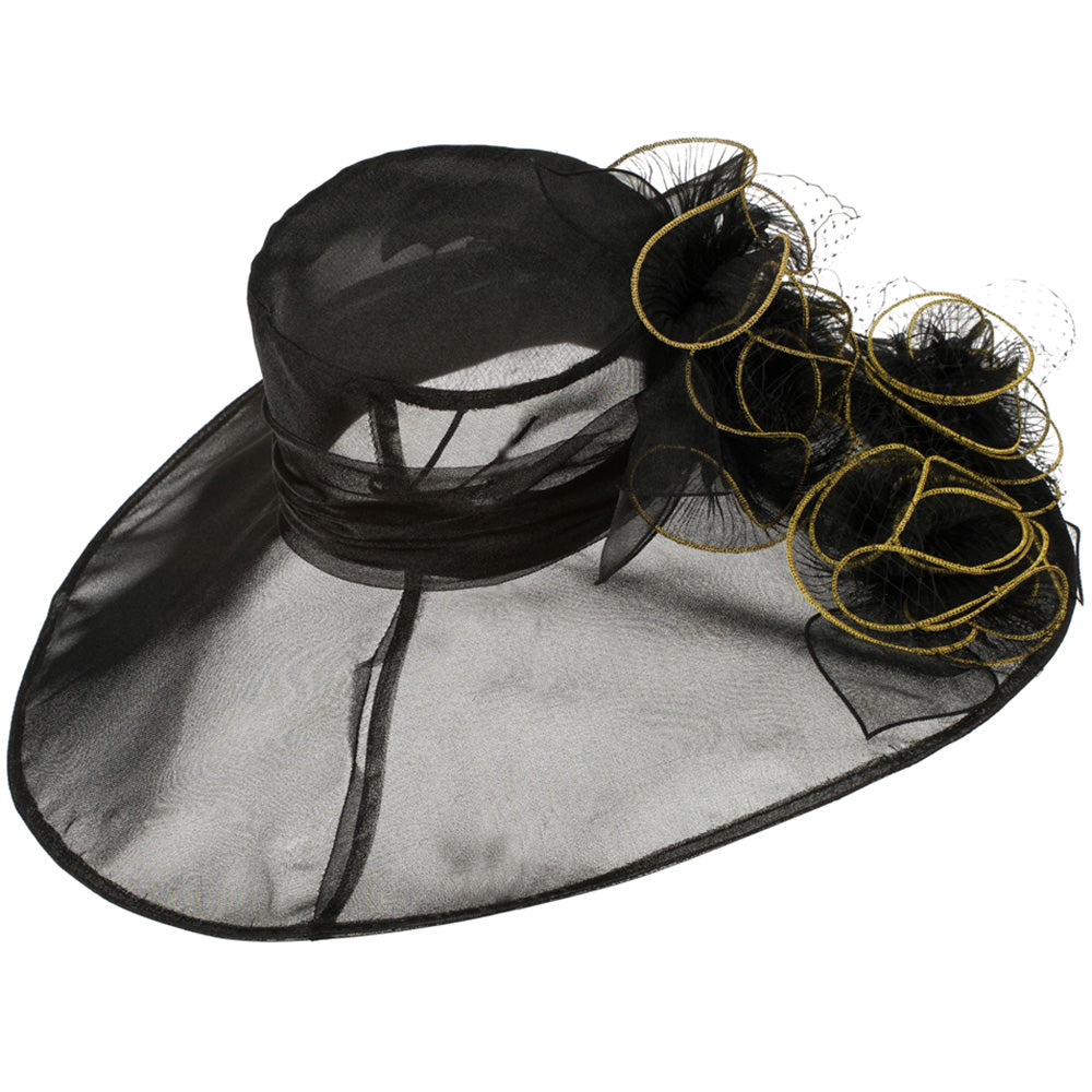 3 Flowers Organza Hat with Ruffles Trimming