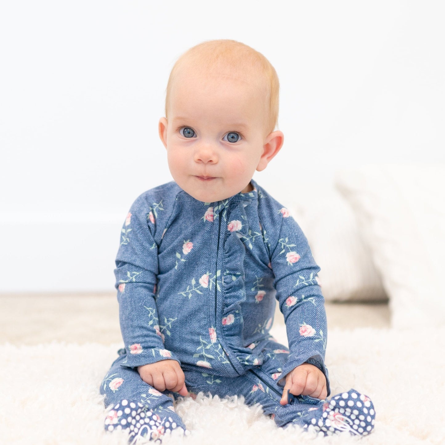 Ruffle Footie Denim Roses