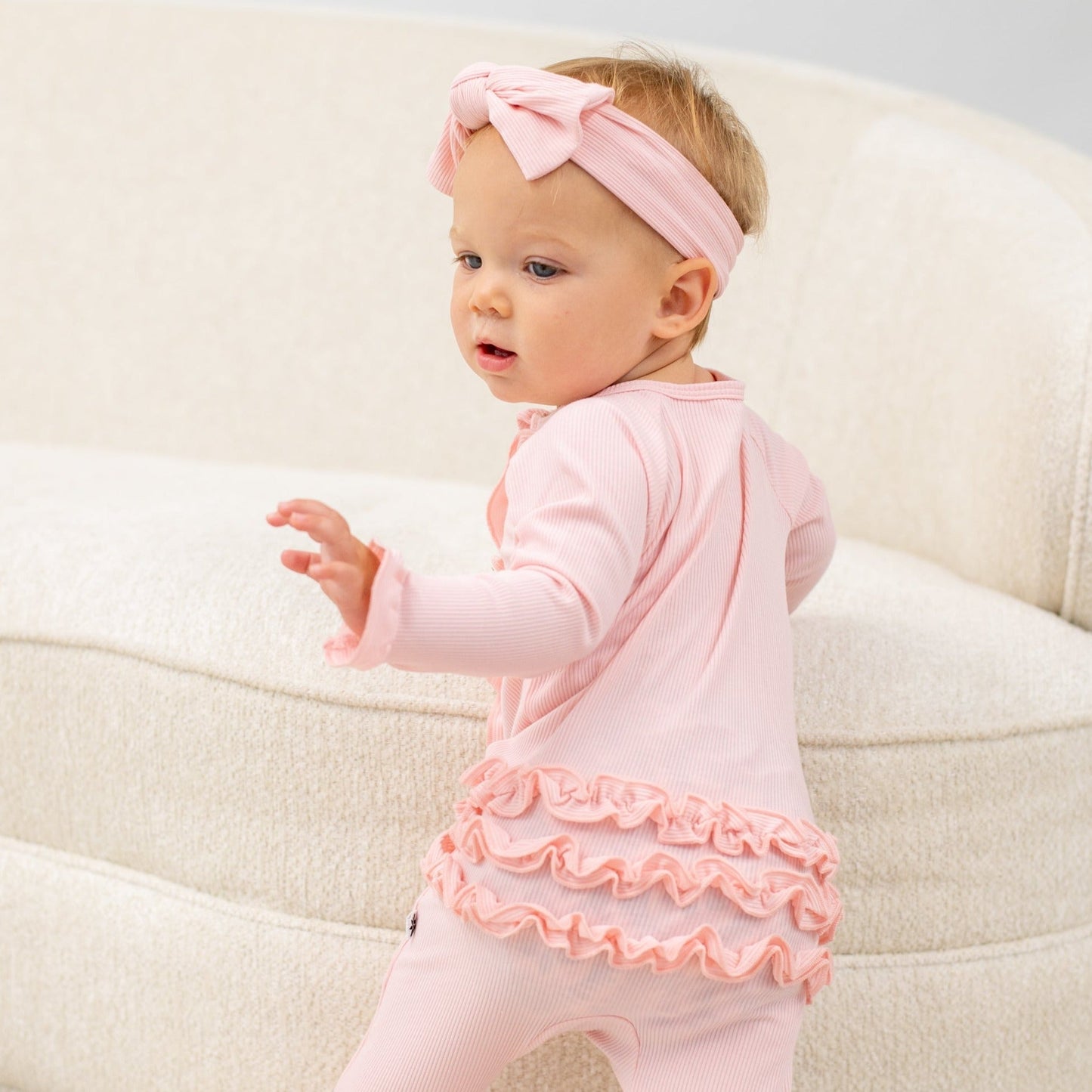 Ruffle Footie Baby Pink Rib