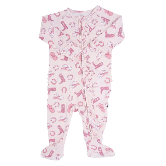 Pink Western Boots Ruffle Baby Footie