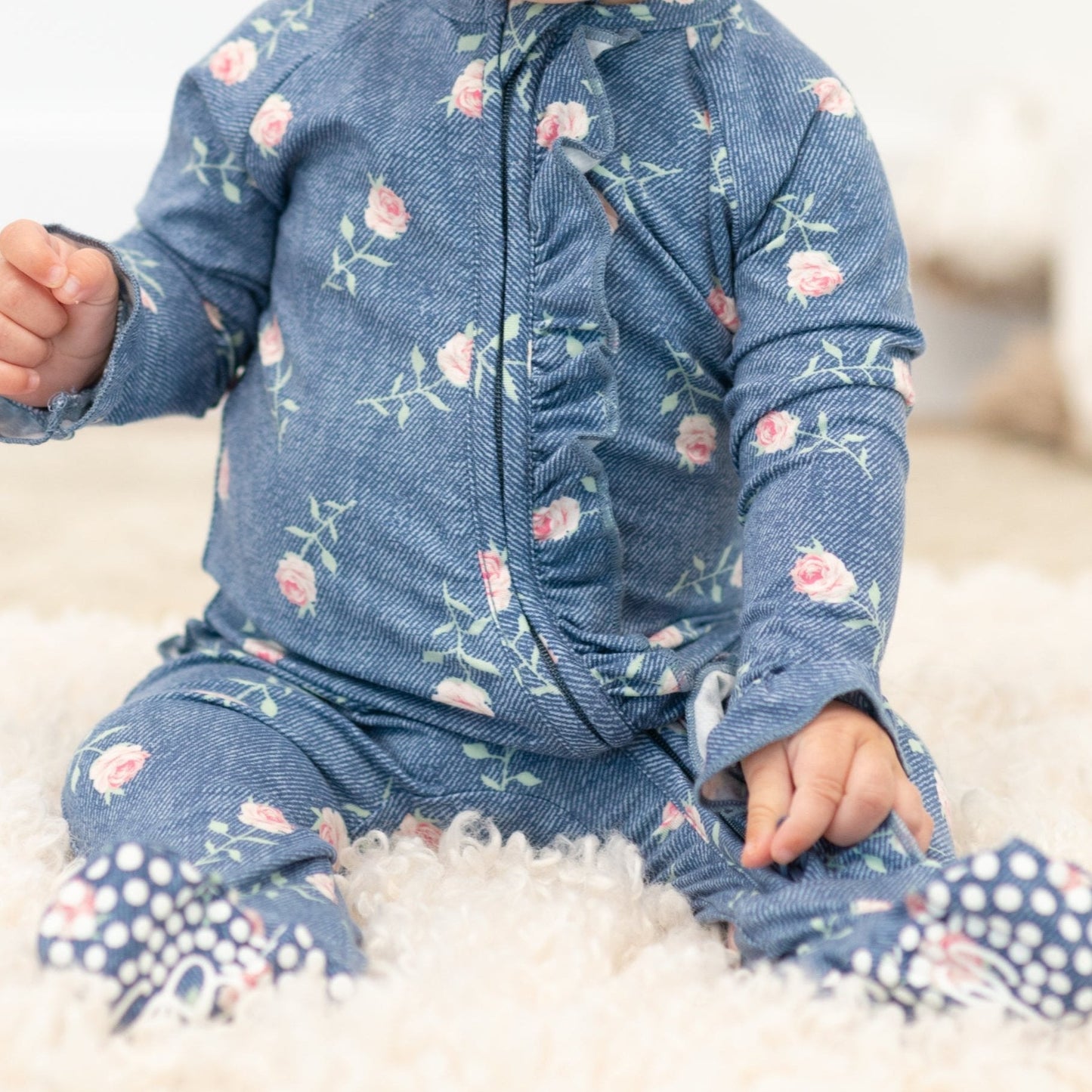 Ruffle Footie Denim Roses