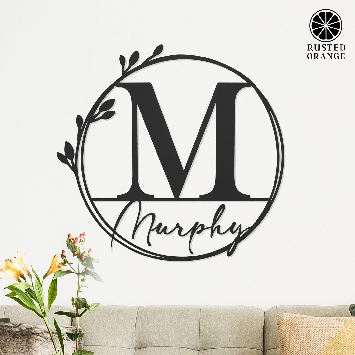 Floral Leaves - Outdoor Monogram Wreaths for Front Door - Monogram Wall Decor Metal Initial Signs