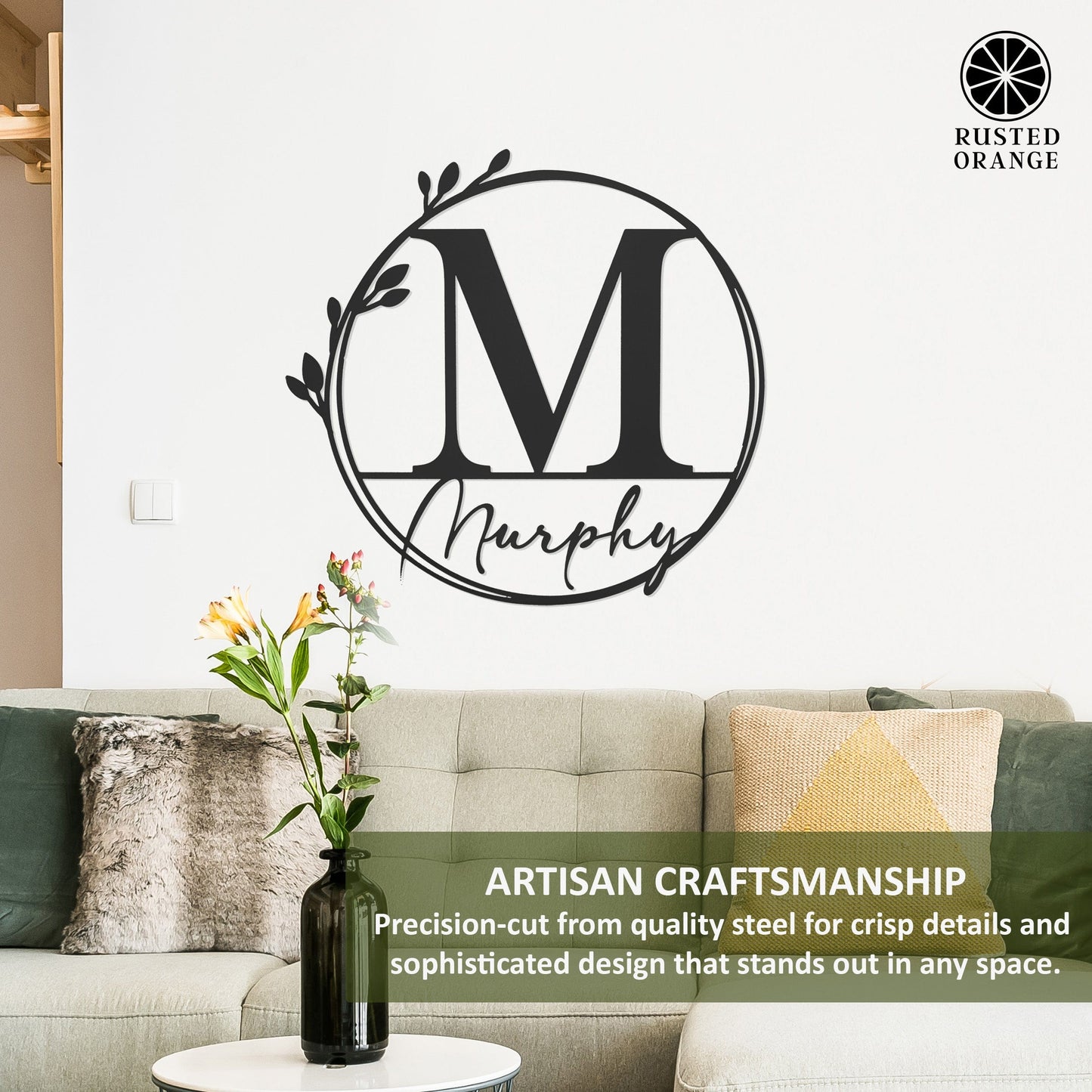 Floral Leaves - Outdoor Monogram Wreaths for Front Door - Monogram Wall Decor Metal Initial Signs