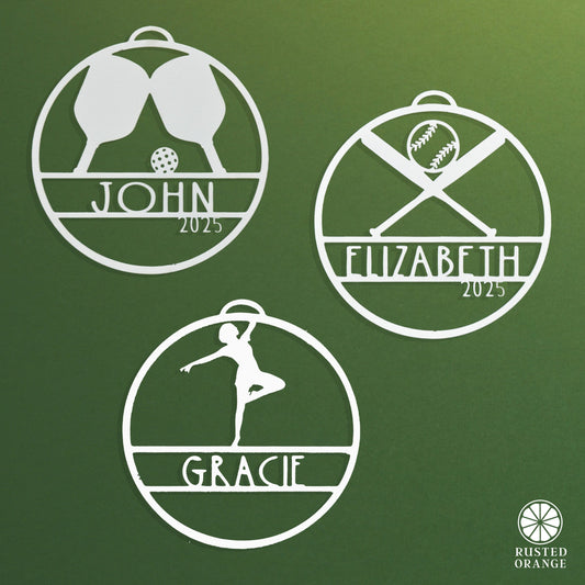 Sports Ornament Personalized - 3 pack - 30 Sports Theme Styles - Metal Christmas Ornaments