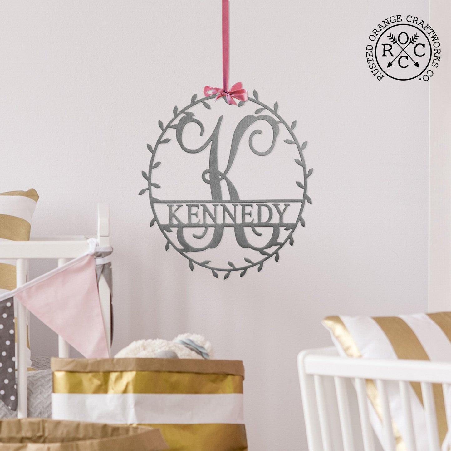 Laurel Wreath Monogram - Personalized Metal Name Sign With Laurel Leaf Design