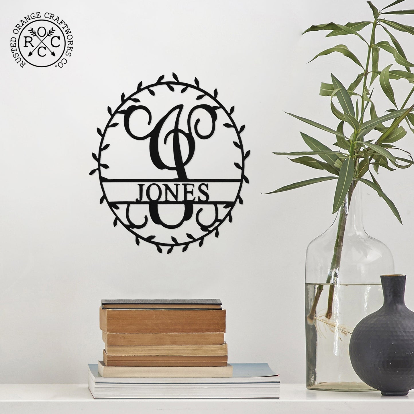 Laurel Wreath Monogram - Personalized Metal Name Sign With Laurel Leaf Design