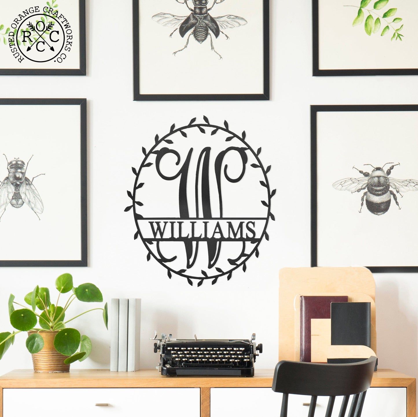 Laurel Wreath Monogram - Personalized Metal Name Sign With Laurel Leaf Design