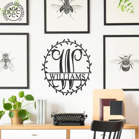 Laurel Wreath Monogram - Personalized Metal Name Sign With Laurel Leaf Design