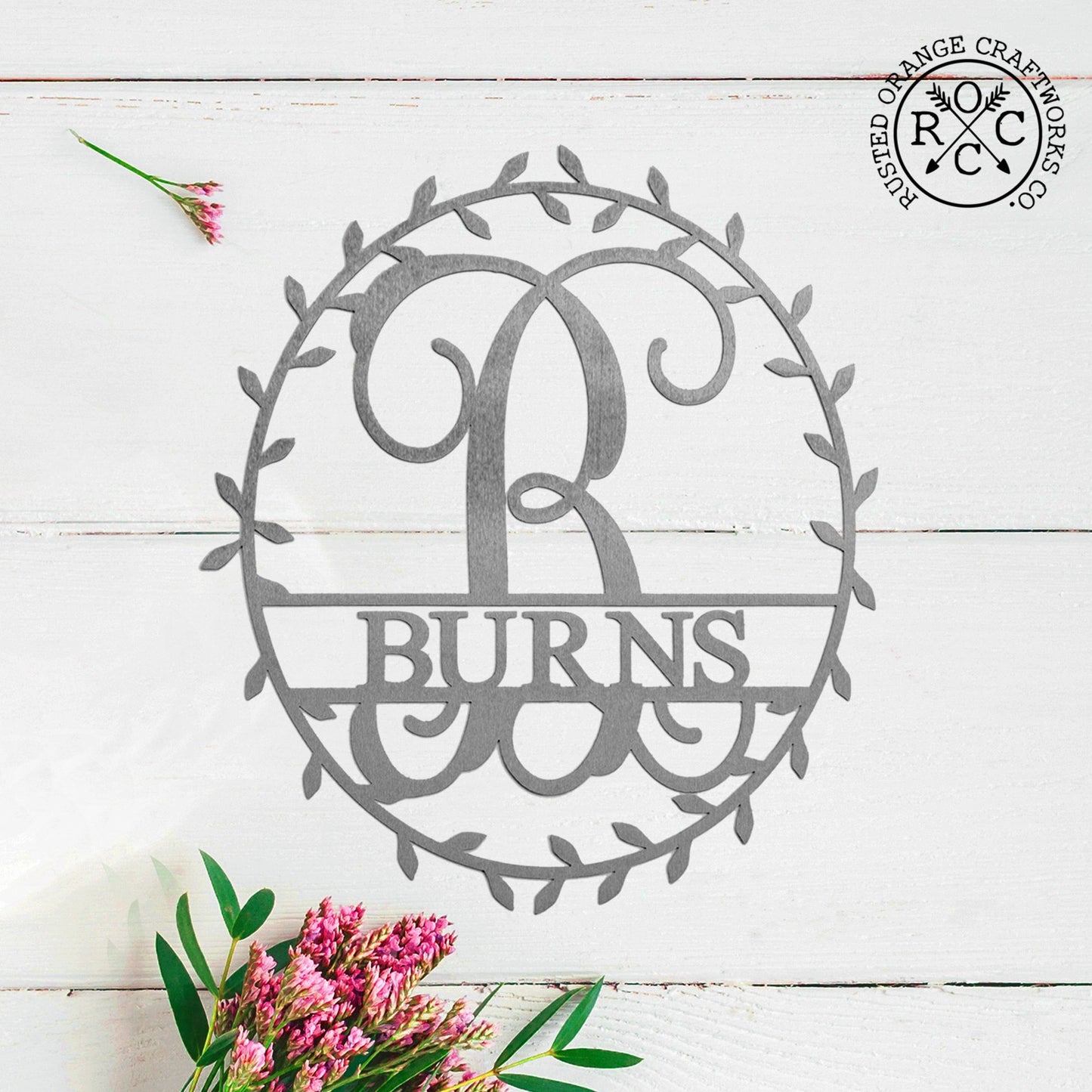 Laurel Wreath Monogram - Personalized Metal Name Sign With Laurel Leaf Design
