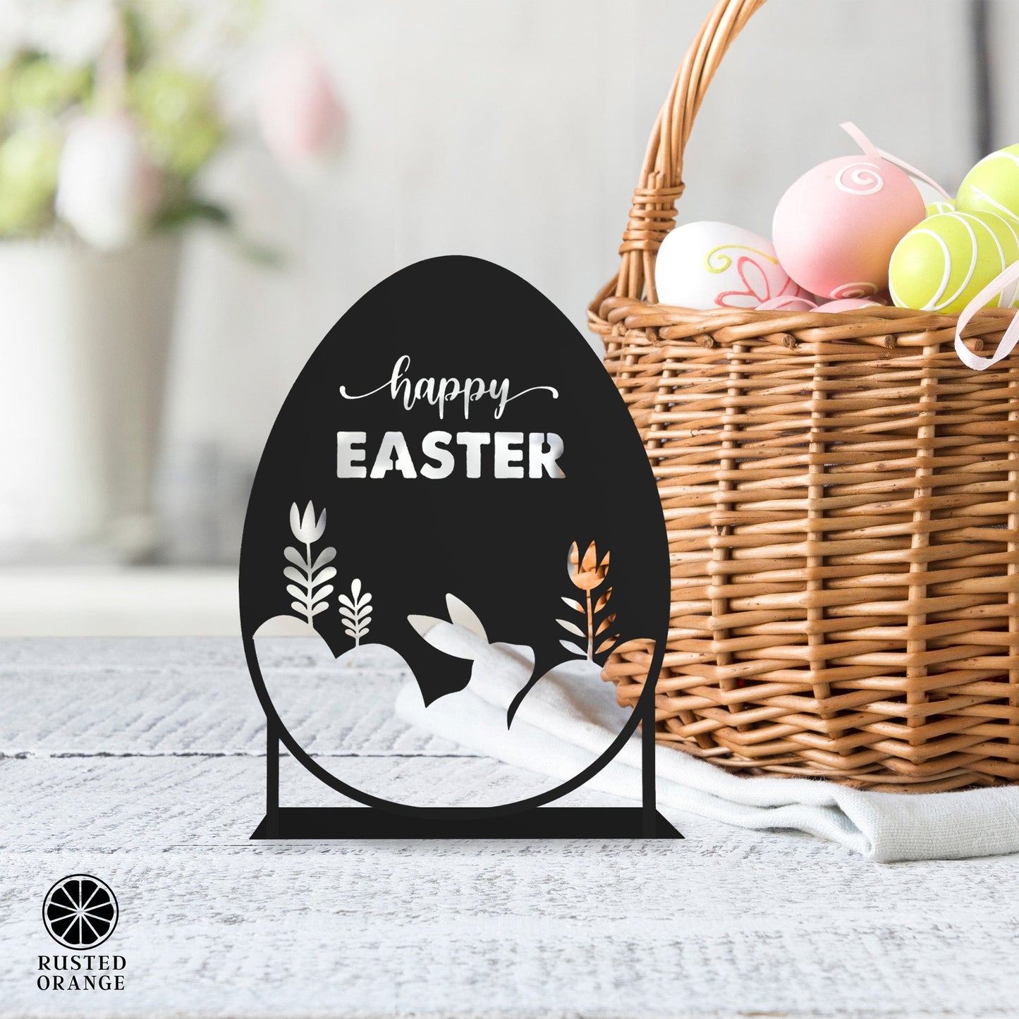 Happy Easter Egg Silhouette – Metal Bunny & Tulip Cutout Decoration
