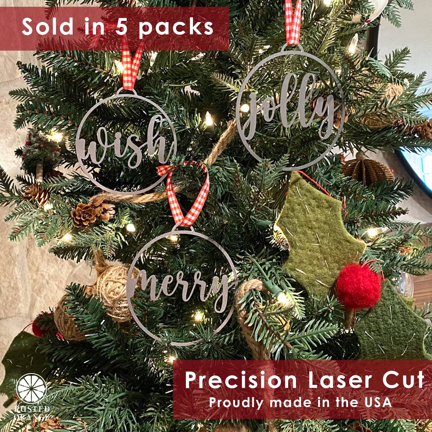 Jolly Christmas Ornaments - 5 pack - Metal Christmas Tree Ornaments