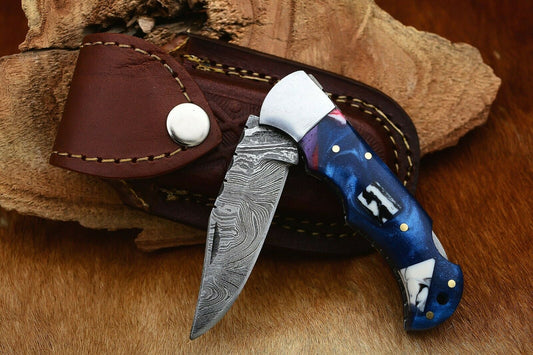 Damascus Handmade Custom Folding Pocket Knife with Epoxy Resin and Steel Bolster Handle, 3-inch Blade Length