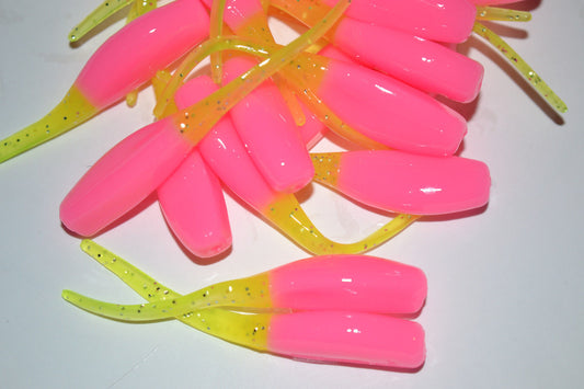 Cam's 2" Stinger Shad 35pc  Pink and Chartreuse Grubs Crappie Soft Jigs
