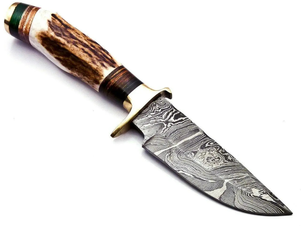 Custom Hand Forged Damascus Steel Hunting Brass Guard Knife& Stag Handle WH 57