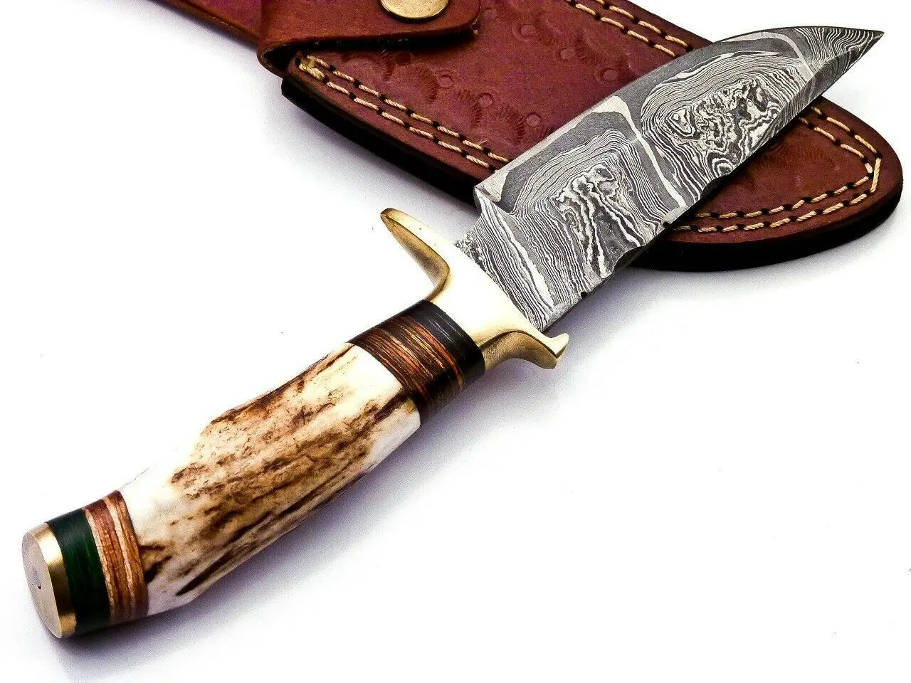 Custom Hand Forged Damascus Steel Hunting Brass Guard Knife& Stag Handle WH 57