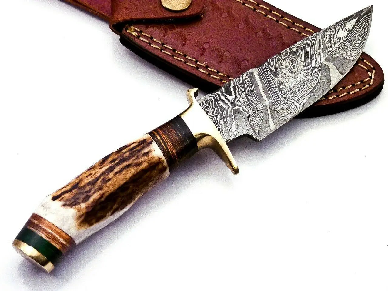 Custom Hand Forged Damascus Steel Hunting Brass Guard Knife& Stag Handle WH 57