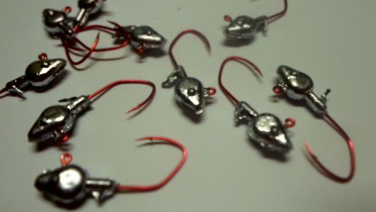 35ct.- 1/8oz. Unpainted Cam's Minnow Head w/ #1 (Laser Sharp) Red Nasty Bend Hooks
