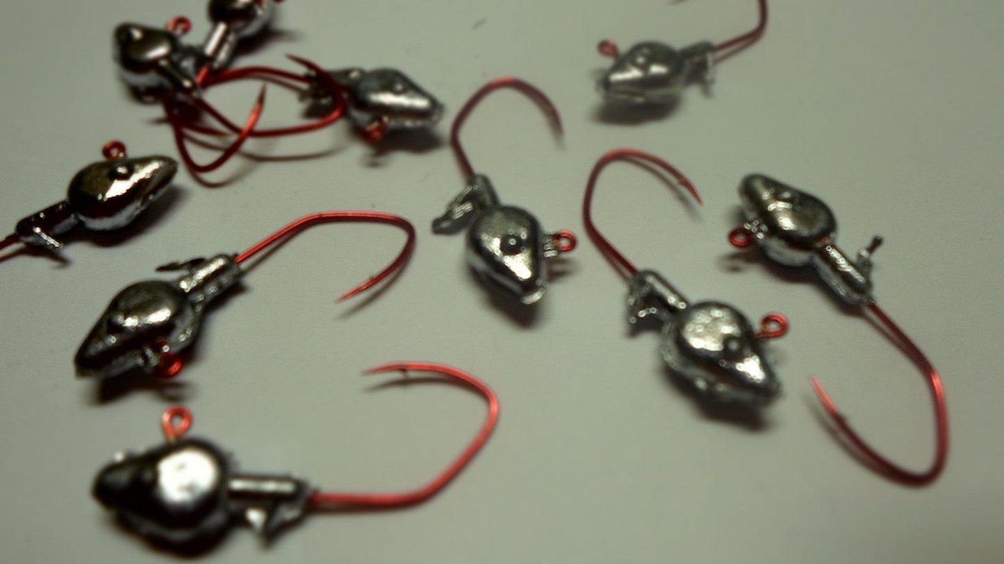 35ct.- 1/16oz. Unpainted Cam's Minnow Head w/ #1  (Laser Sharp) Red Nasty Bend Hooks