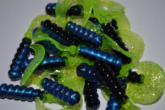 Cam's 2" Crappie Jigs 35pc Tri-Color Black & Blue  Chartreuse  Curly Tail Soft Jig