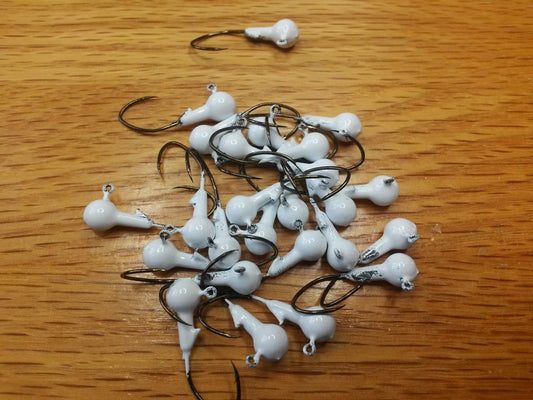 35 pk. 1/16 oz. Cam's White Painted Jigs with Collar and #2 Bronze "NASTY BEND HOOKS"