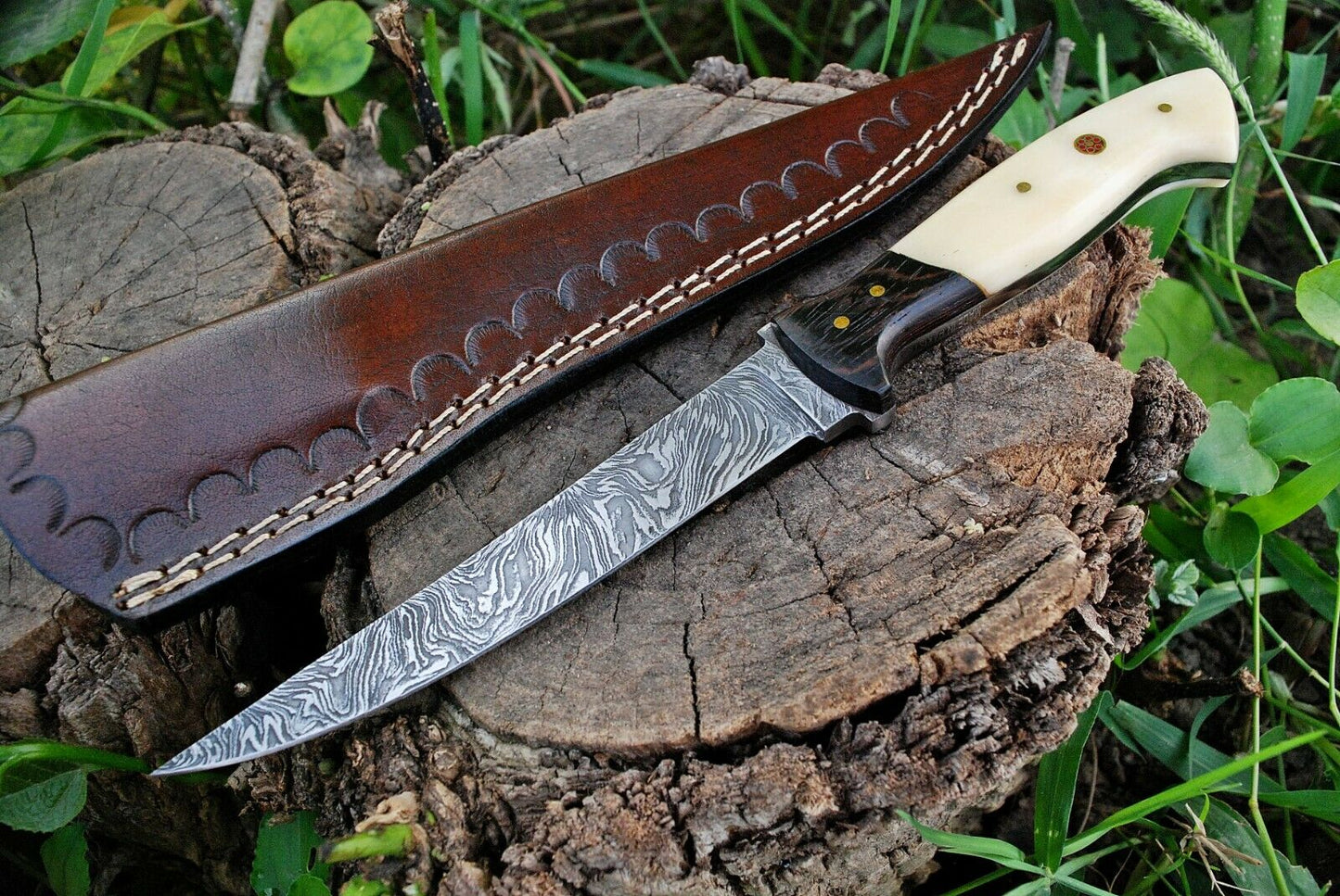 Custom Handmade Damascus Steel Fillet Knife with Wenge Wood and Bone Handle - 11-inch Overall Length"