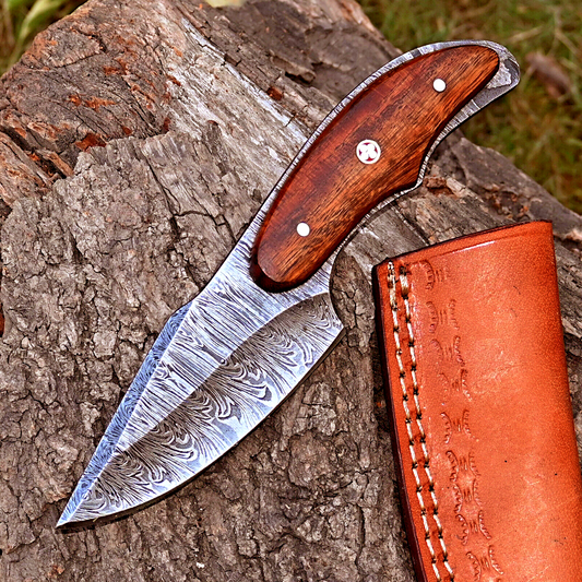 Wilderness Whisper: Skinning Knife with Twist Damascus Steel Blade, Rosewood Handle, and Leather Sheath